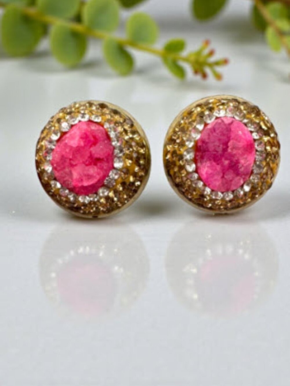 Hot Pink Druzy Stud Earrings Large 18mm Gold Plated Statement Studs
